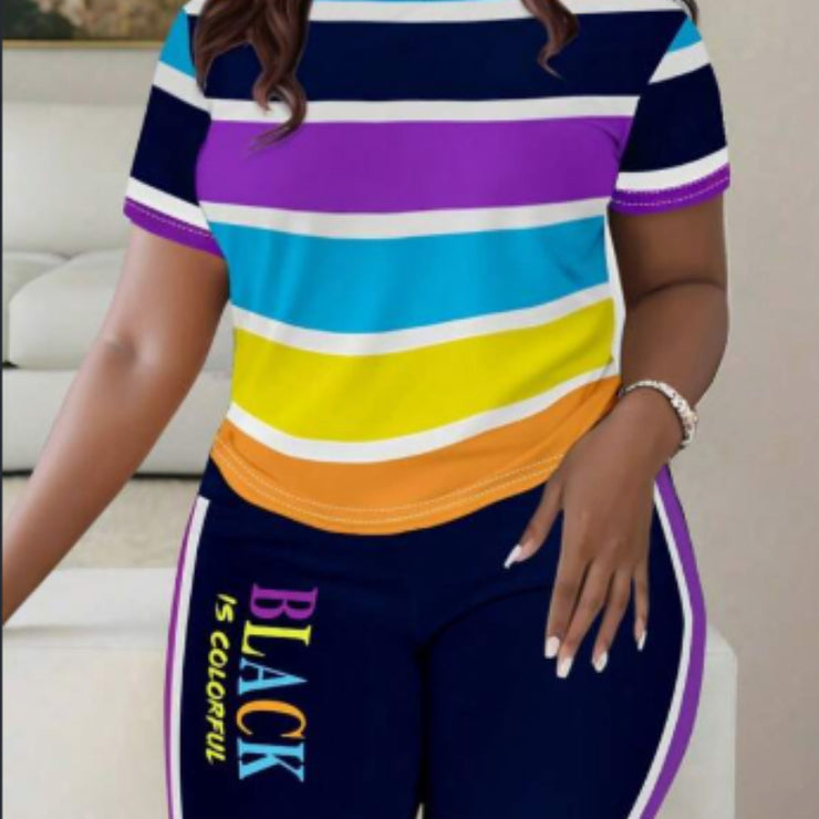 Women Fashionable Colorful Stripe Print T-shirt And Pants Casual Set