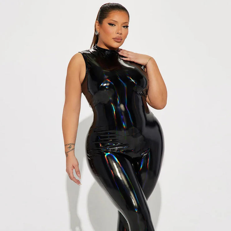 Women Shining Leather Jumpsuit